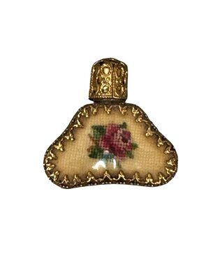 Vintage Rose Mini Miniature Perfume Bottle Needlpoint Ornate Gold Accents 1"
